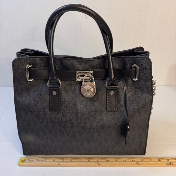 Michael Kors Hamilton Large Signature Monogram Logo Black Leather Satchel Tote - Picture 2 of 16